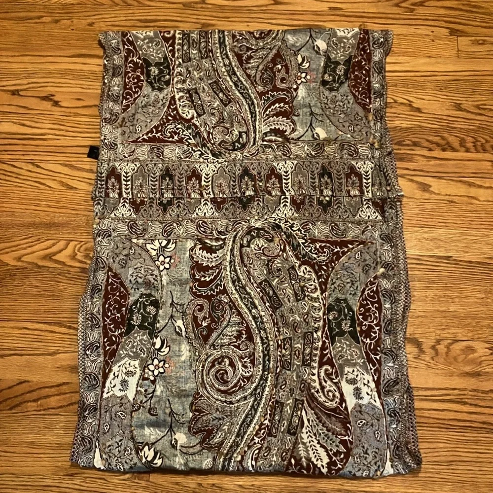 Raj Infinity Scarf Boho Brown Tan Maroon black paisley pattern reversable knit
